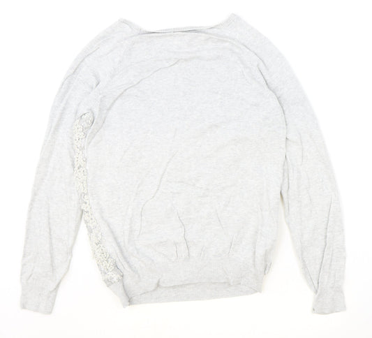F&F Womens Grey Boat Neck Floral Cotton Pullover Jumper Size 12 - Lace Detail