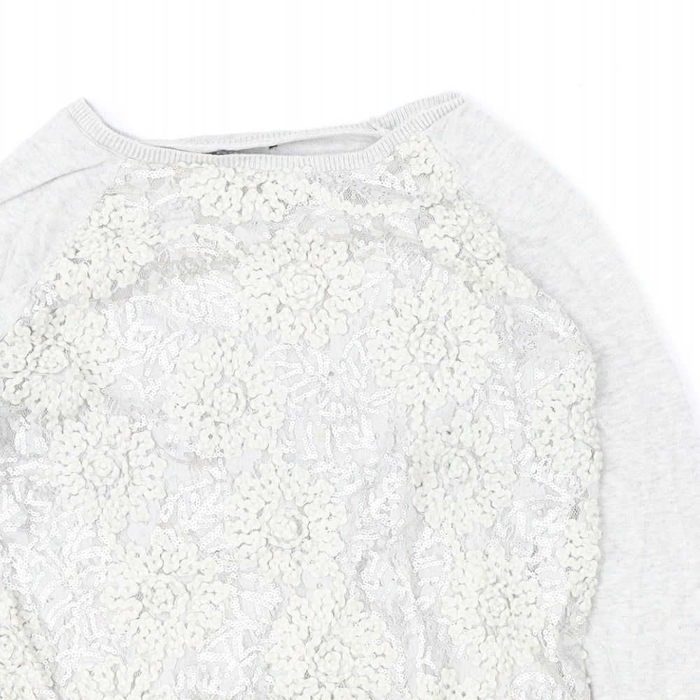 F&F Womens Grey Boat Neck Floral Cotton Pullover Jumper Size 12 - Lace Detail