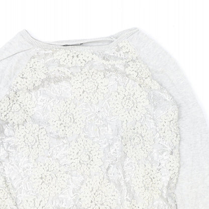F&F Womens Grey Boat Neck Floral Cotton Pullover Jumper Size 12 - Lace Detail