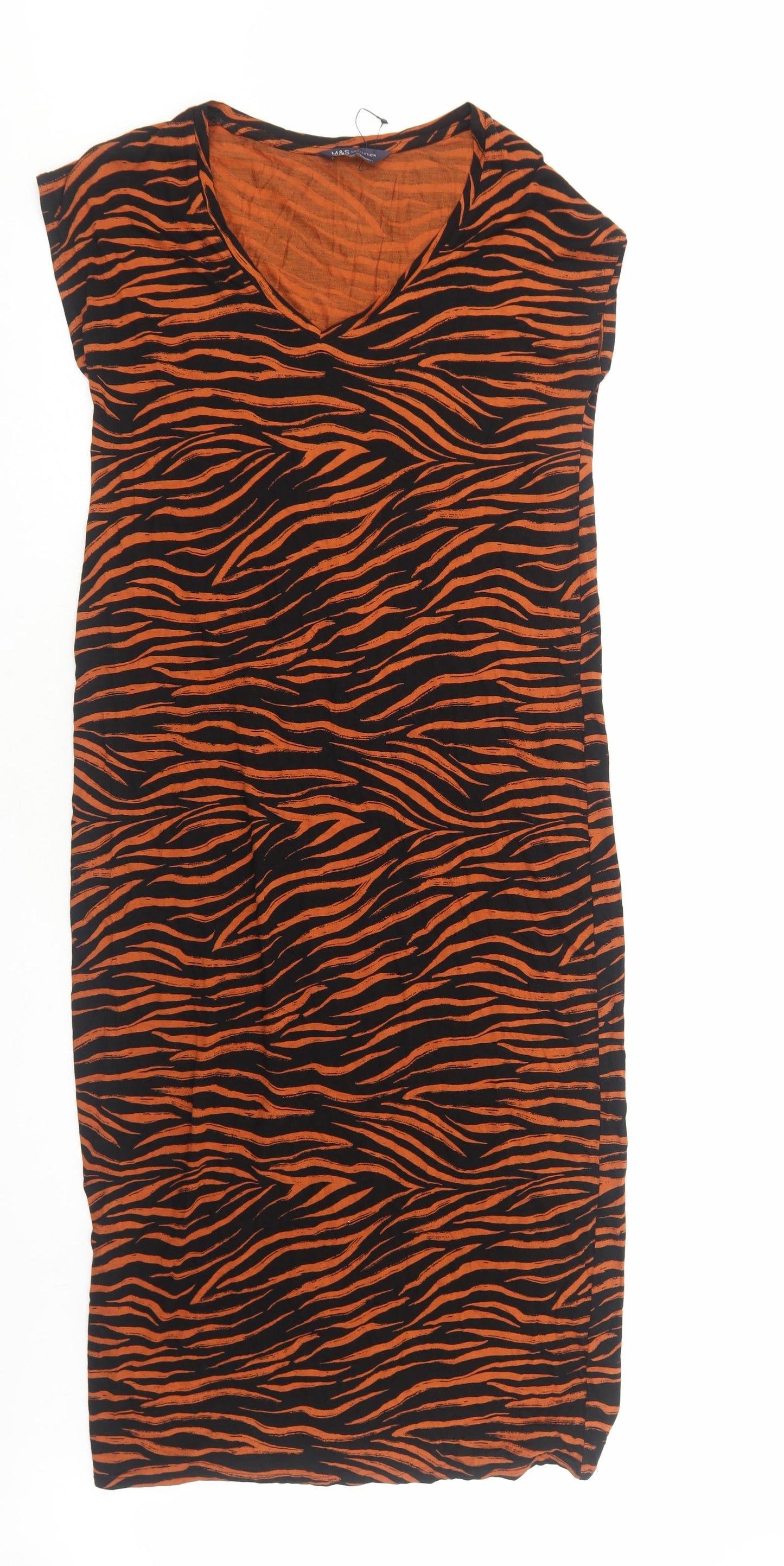 Marks and Spencer Womens Orange Animal Print Viscose Sheath Size 8 V-Neck Pullover