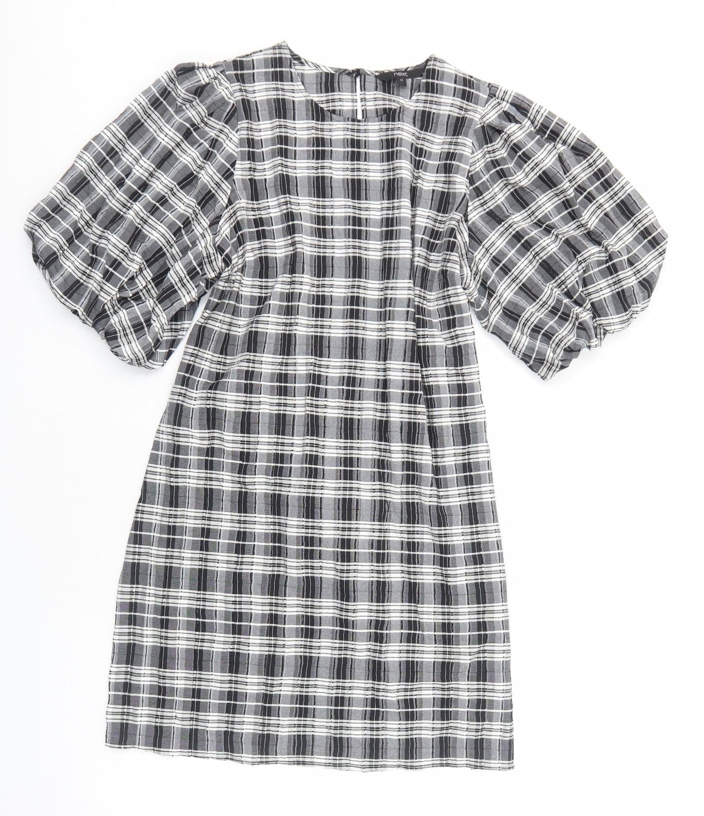 NEXT Womens Black Plaid Viscose Sheath Size 12 Round Neck Pullover - Voluminous Sleeves