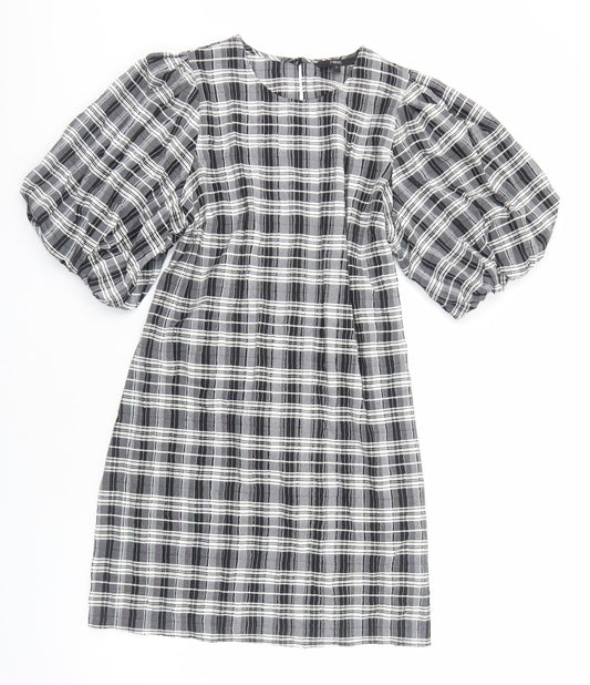 NEXT Womens Black Plaid Viscose Sheath Size 12 Round Neck Pullover - Voluminous Sleeves