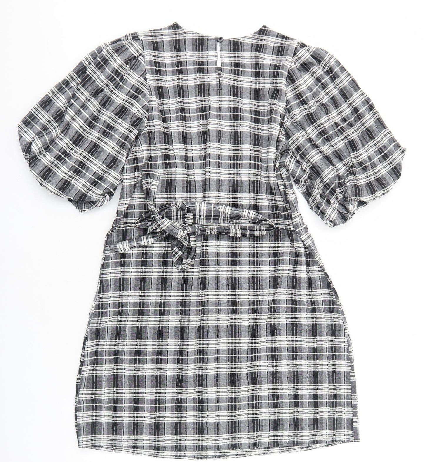 NEXT Womens Black Plaid Viscose Sheath Size 12 Round Neck Pullover - Voluminous Sleeves