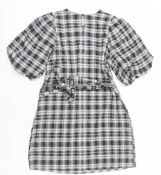 NEXT Womens Black Plaid Viscose Sheath Size 12 Round Neck Pullover - Voluminous Sleeves