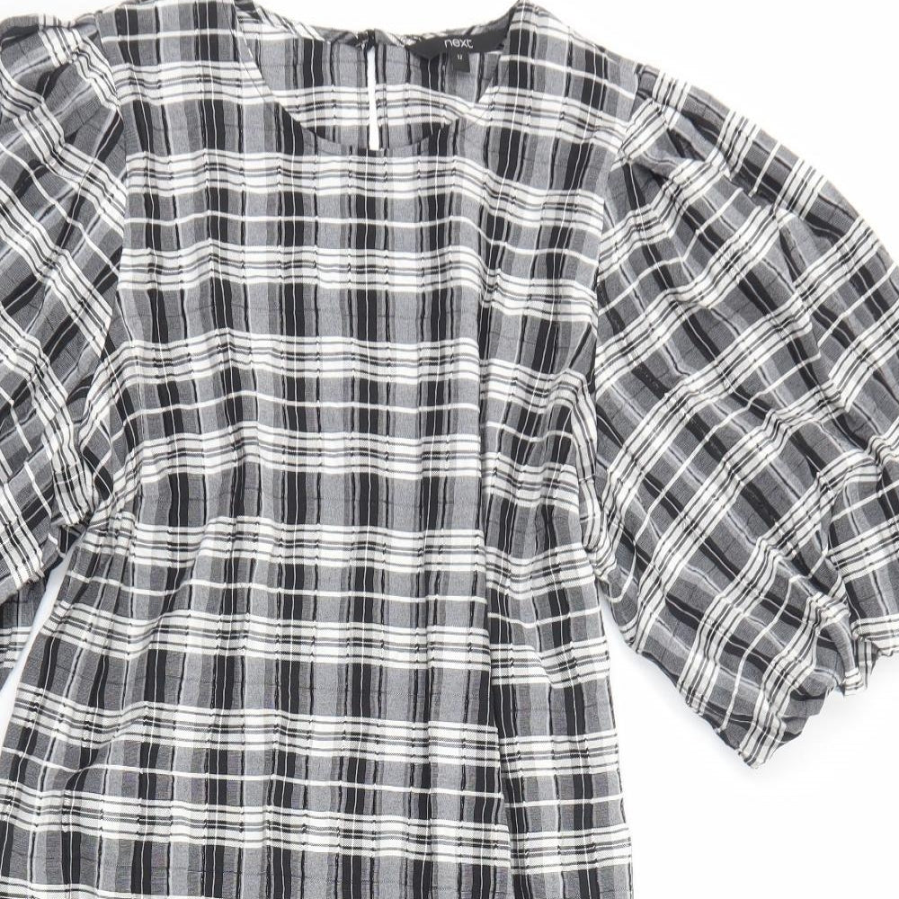 NEXT Womens Black Plaid Viscose Sheath Size 12 Round Neck Pullover - Voluminous Sleeves