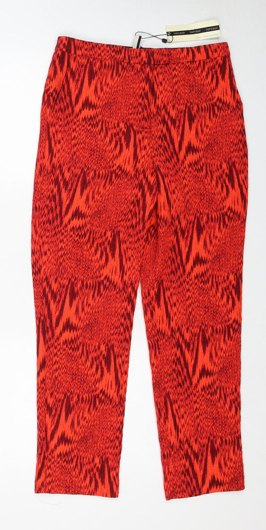 Topshop Womens Red Geometric Polyester Trousers Size 8 Regular Zip