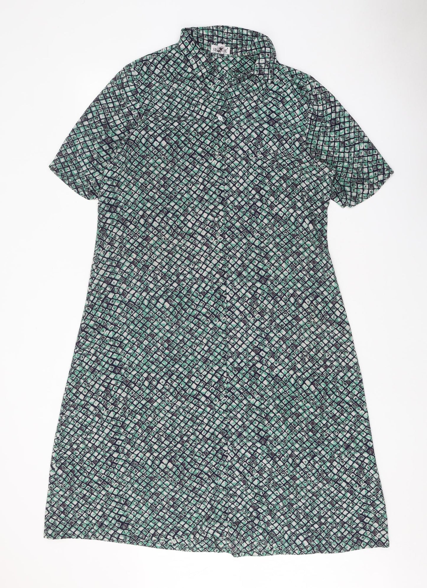 Sempre Womens Green Geometric Polyester Shirt Dress Size 10 Collared Button