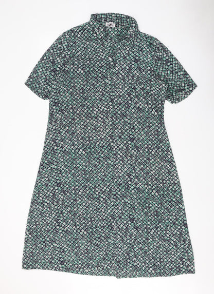 Sempre Womens Green Geometric Polyester Shirt Dress Size 10 Collared Button