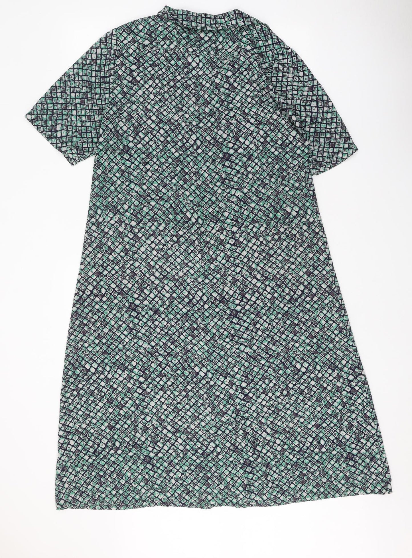 Sempre Womens Green Geometric Polyester Shirt Dress Size 10 Collared Button