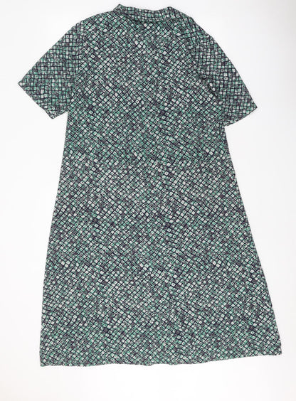 Sempre Womens Green Geometric Polyester Shirt Dress Size 10 Collared Button