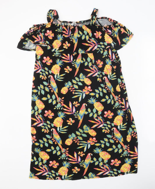 Peacocks Womens Black Geometric Polyester A-Line One Size Square Neck Pullover