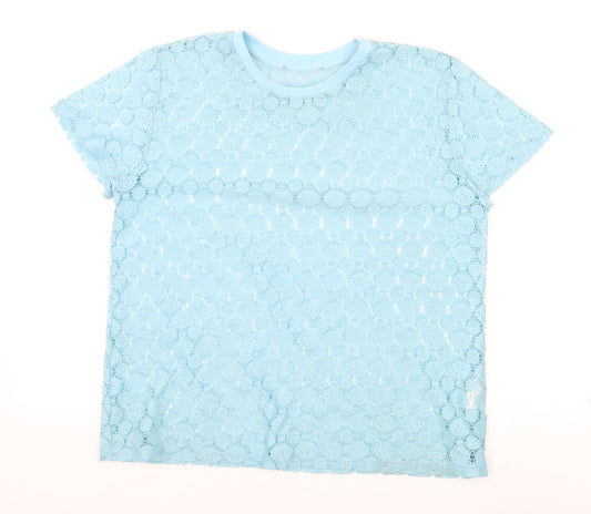 Primark Womens Blue Geometric Polyester Basic T-Shirt Size 10 Round Neck