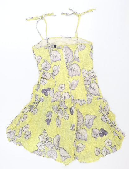 French Connection Womens Yellow Floral 100% Cotton A-Line Size 10 Square Neck