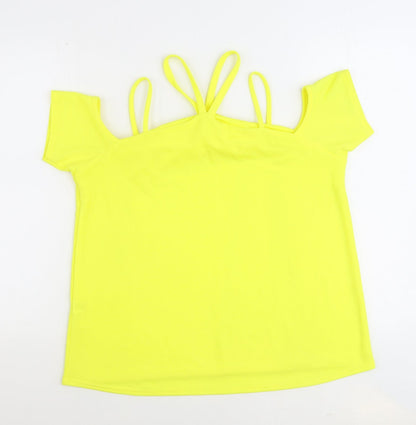 Boohoo Womens Yellow Polyester Basic Blouse Size 14 Boat Neck