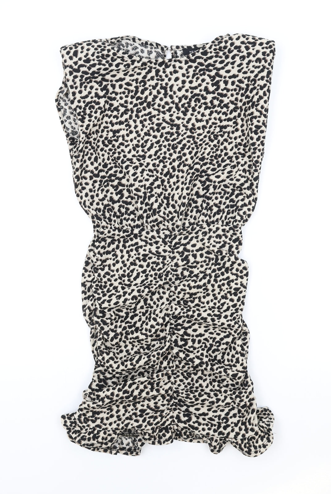 New Look Womens Brown Animal Print Viscose Pencil Dress Size 4 Round Neck Button - Leopard Pattern Shoulder Pads