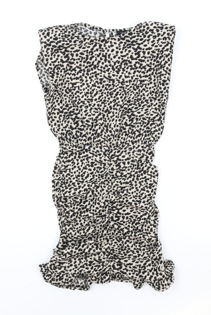 New Look Womens Brown Animal Print Viscose Pencil Dress Size 4 Round Neck Button - Leopard Pattern Shoulder Pads