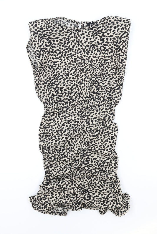 New Look Womens Brown Animal Print Viscose Pencil Dress Size 4 Round Neck Button - Leopard Pattern Shoulder Pads