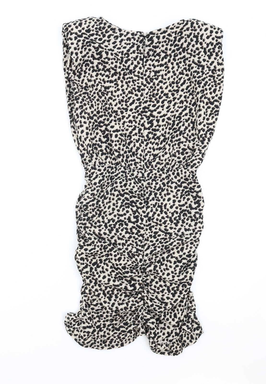 New Look Womens Brown Animal Print Viscose Pencil Dress Size 4 Round Neck Button - Leopard Pattern Shoulder Pads