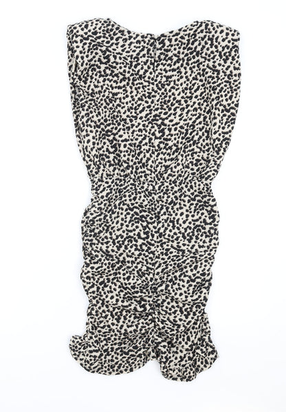 New Look Womens Brown Animal Print Viscose Pencil Dress Size 4 Round Neck Button - Leopard Pattern Shoulder Pads