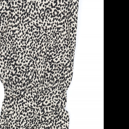 New Look Womens Brown Animal Print Viscose Pencil Dress Size 4 Round Neck Button - Leopard Pattern Shoulder Pads