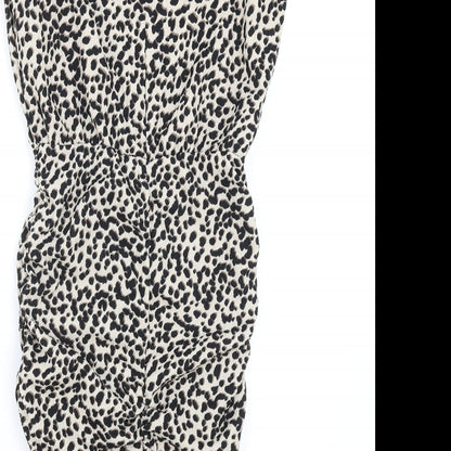 New Look Womens Brown Animal Print Viscose Pencil Dress Size 4 Round Neck Button - Leopard Pattern Shoulder Pads