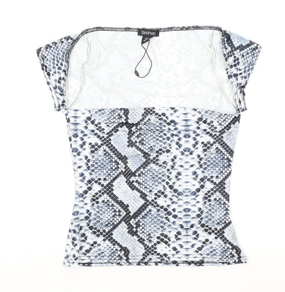 Boohoo Womens Blue Animal Print Polyester Basic T-Shirt Size 10 Square Neck - Snake Skin Print