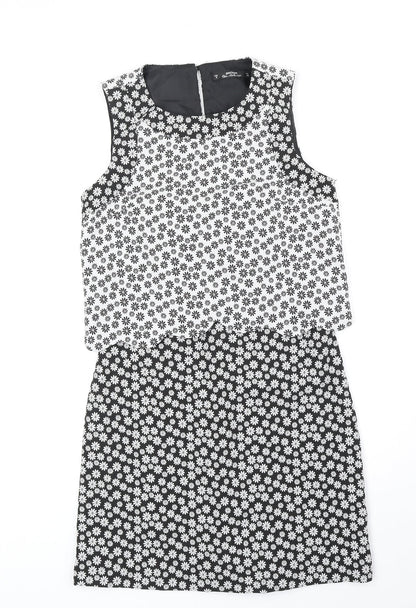 Miss Selfridge Womens Black Floral Polyester A-Line Size 8 Round Neck Zip