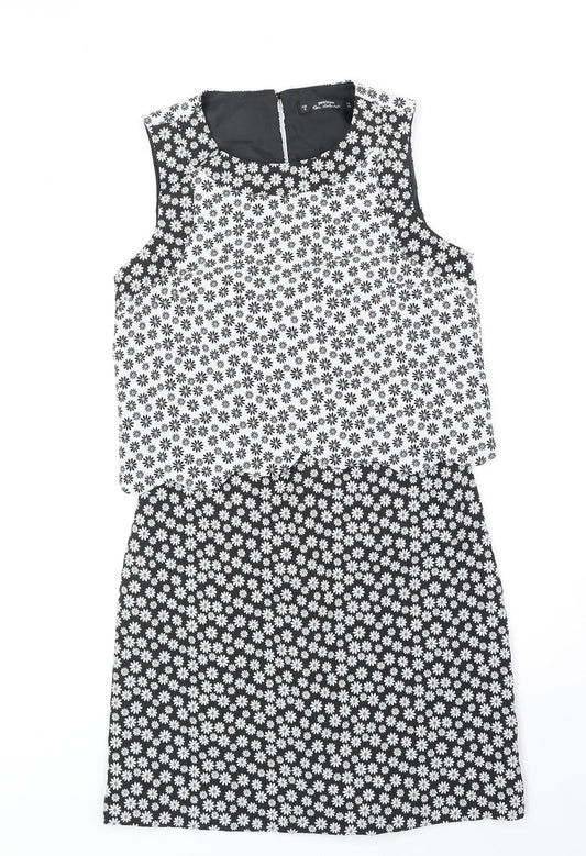 Miss Selfridge Womens Black Floral Polyester A-Line Size 8 Round Neck Zip