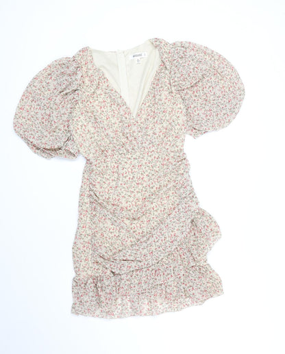 Missguided Womens Beige Floral Polyester Mini Size 8 V-Neck Zip