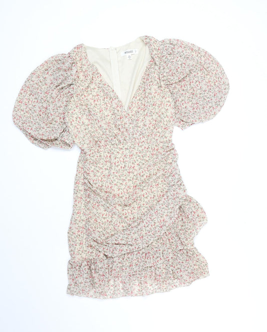 Missguided Womens Beige Floral Polyester Mini Size 8 V-Neck Zip