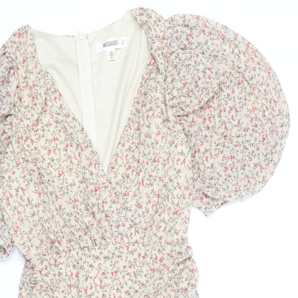 Missguided Womens Beige Floral Polyester Mini Size 8 V-Neck Zip