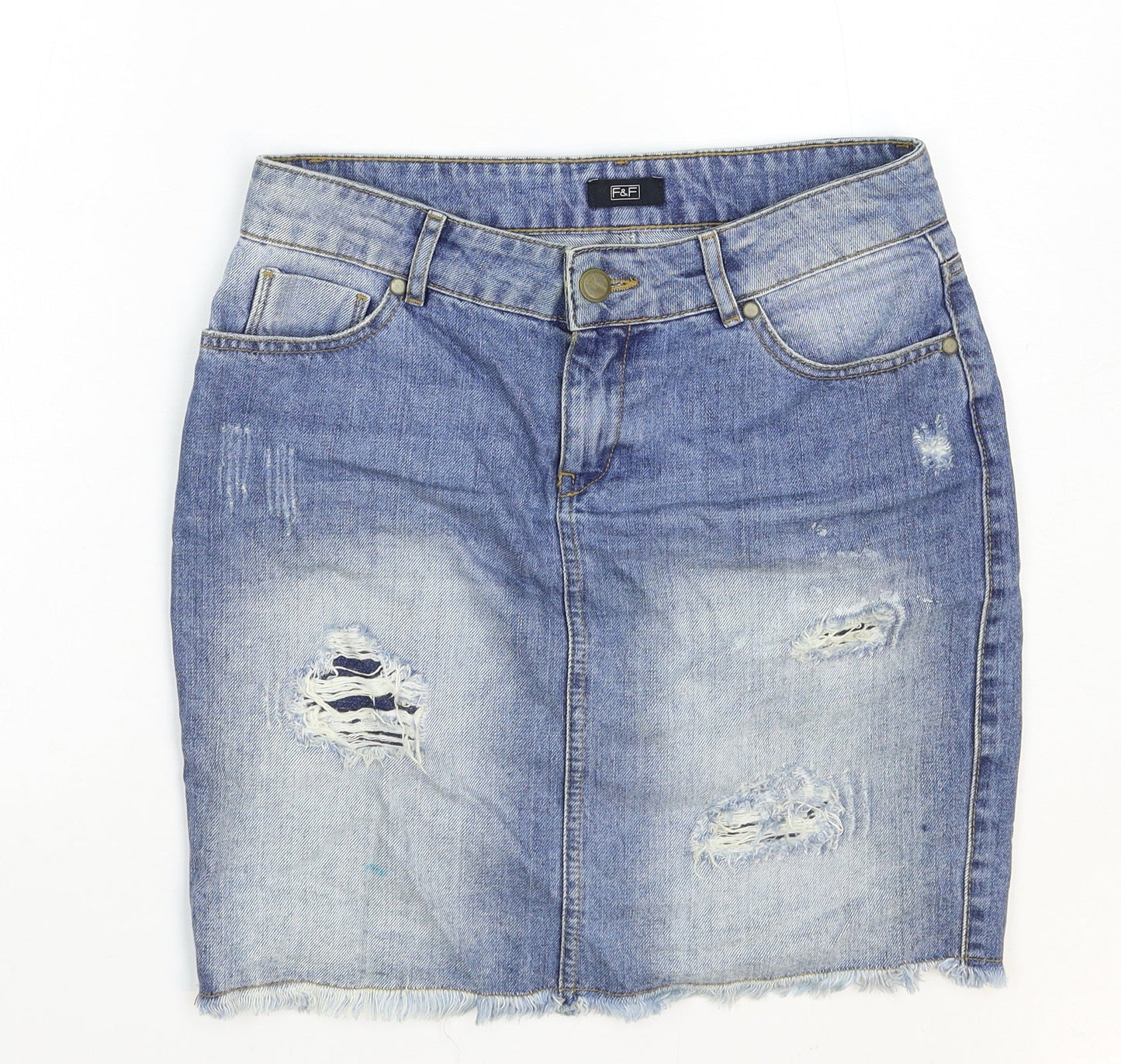 F&F Womens Blue Cotton Straight & Pencil Skirt Size 30 in Zip - Distressed Look