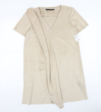 Zara Womens Beige Polyester A-Line Size XS V-Neck Pullover