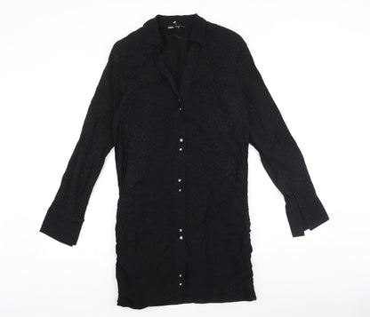 Zara Womens Black Geometric Polyester Shirt Dress Size S V-Neck Button