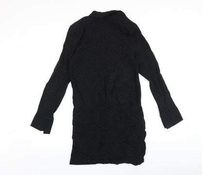 Zara Womens Black Geometric Polyester Shirt Dress Size S V-Neck Button