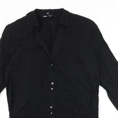 Zara Womens Black Geometric Polyester Shirt Dress Size S V-Neck Button