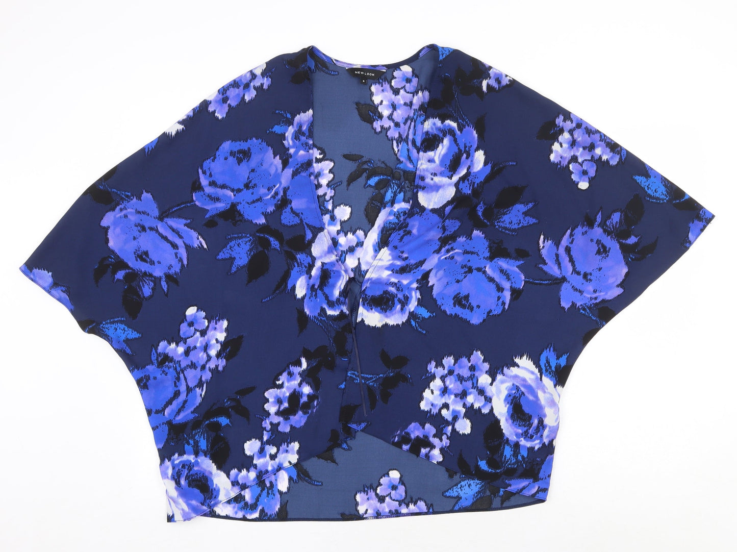 New Look Womens Blue Floral Polyester Kimono Blouse Size 8 V-Neck