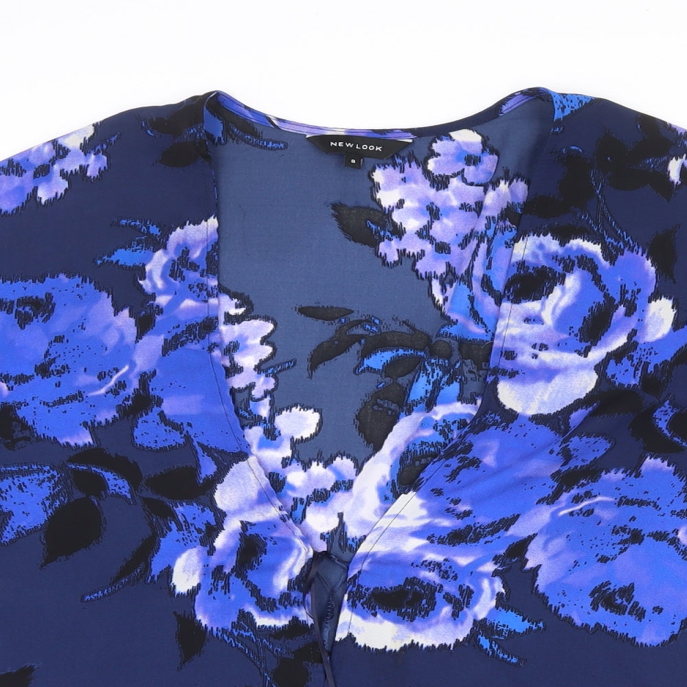 New Look Womens Blue Floral Polyester Kimono Blouse Size 8 V-Neck