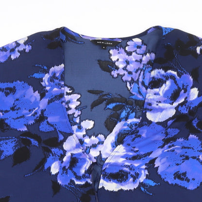 New Look Womens Blue Floral Polyester Kimono Blouse Size 8 V-Neck