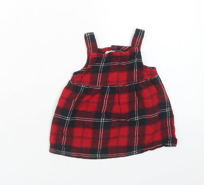 Lullaby Girls Red Plaid Cotton Pinafore/Dungaree Dress Size 3-6 Months Square Neck Pullover