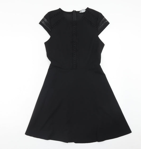 H&M Womens Black Polyester Fit & Flare Size S Round Neck Zip - Lace Detail