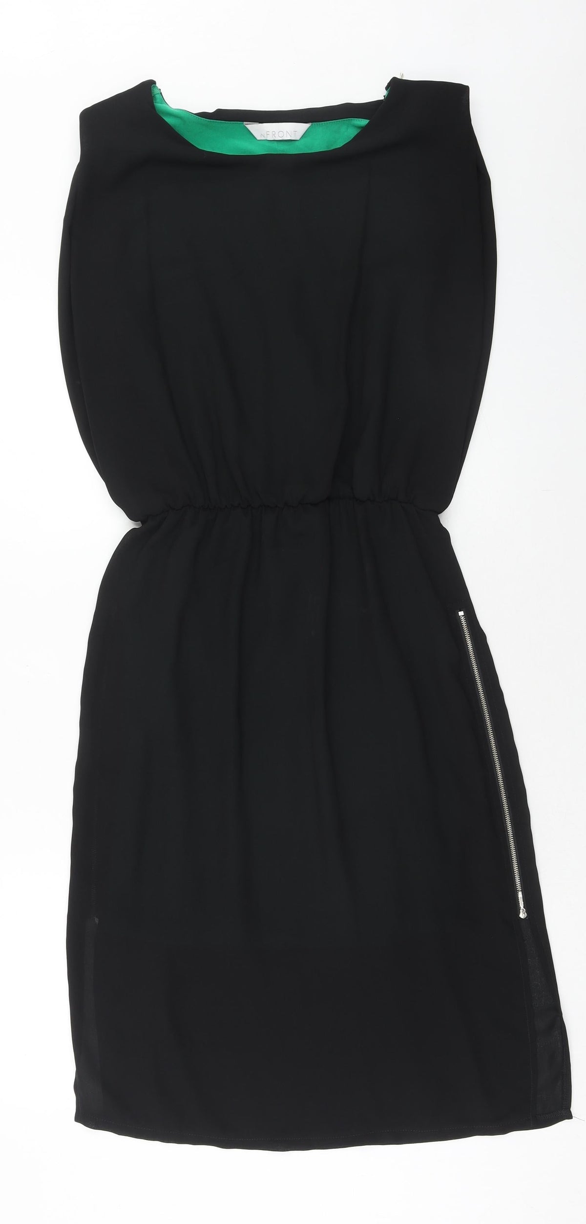 infront Womens Black Polyester A-Line Size S Boat Neck Zip