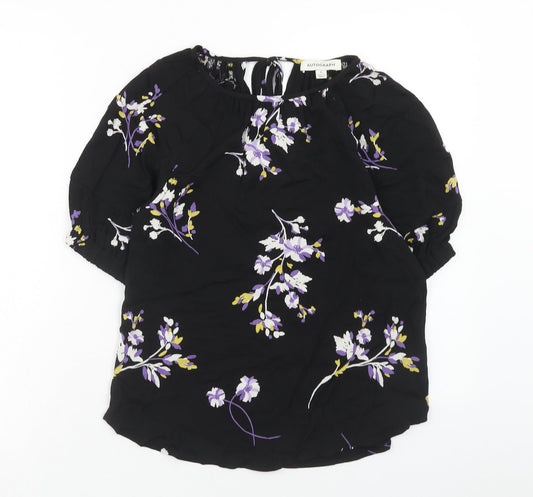 Autograph Womens Black Floral Viscose Basic Blouse Size 6 Boat Neck