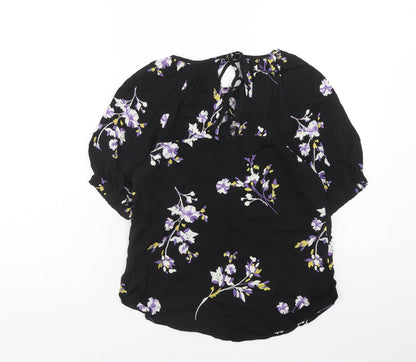 Autograph Womens Black Floral Viscose Basic Blouse Size 6 Boat Neck