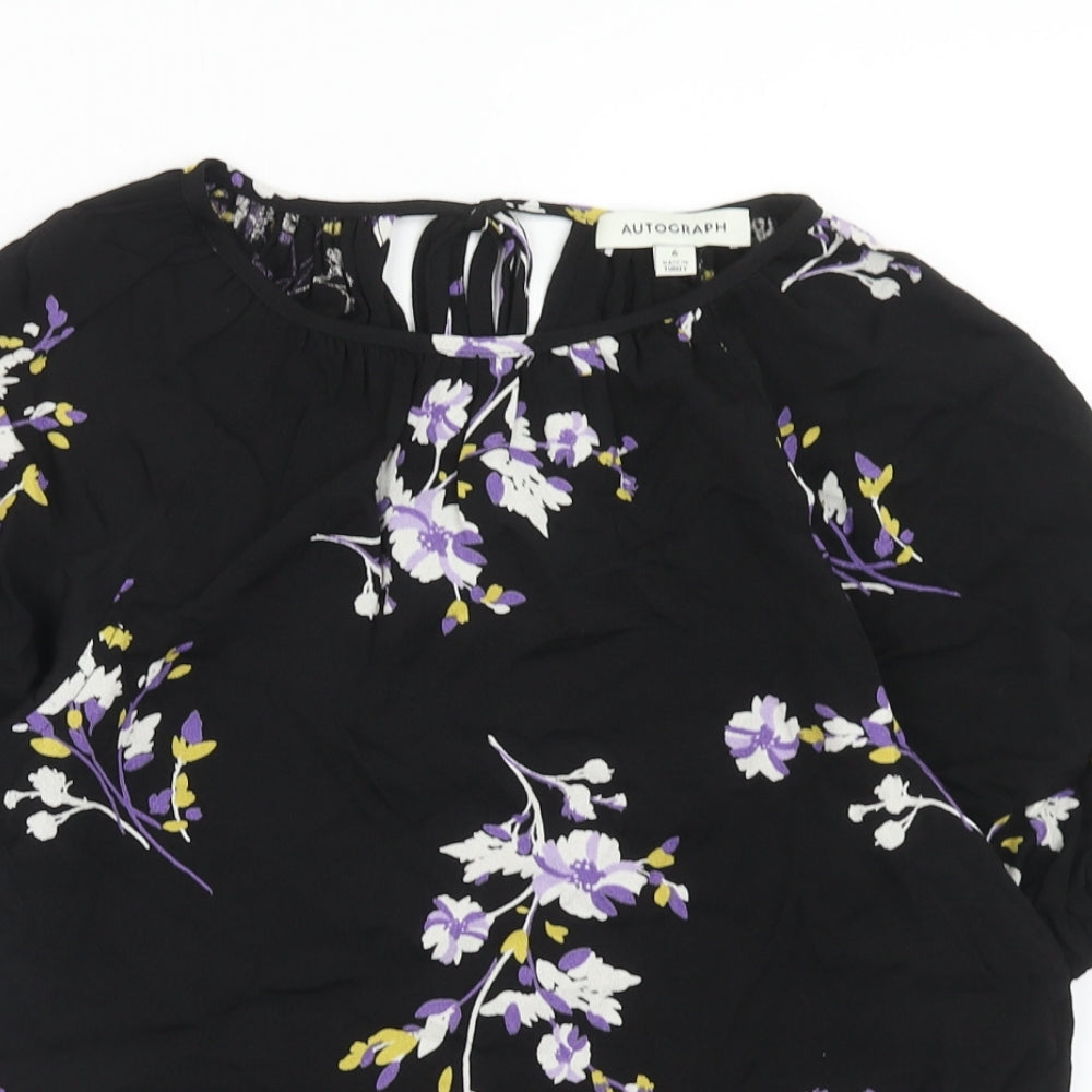 Autograph Womens Black Floral Viscose Basic Blouse Size 6 Boat Neck