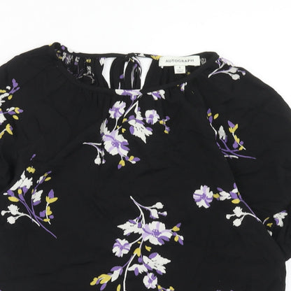 Autograph Womens Black Floral Viscose Basic Blouse Size 6 Boat Neck