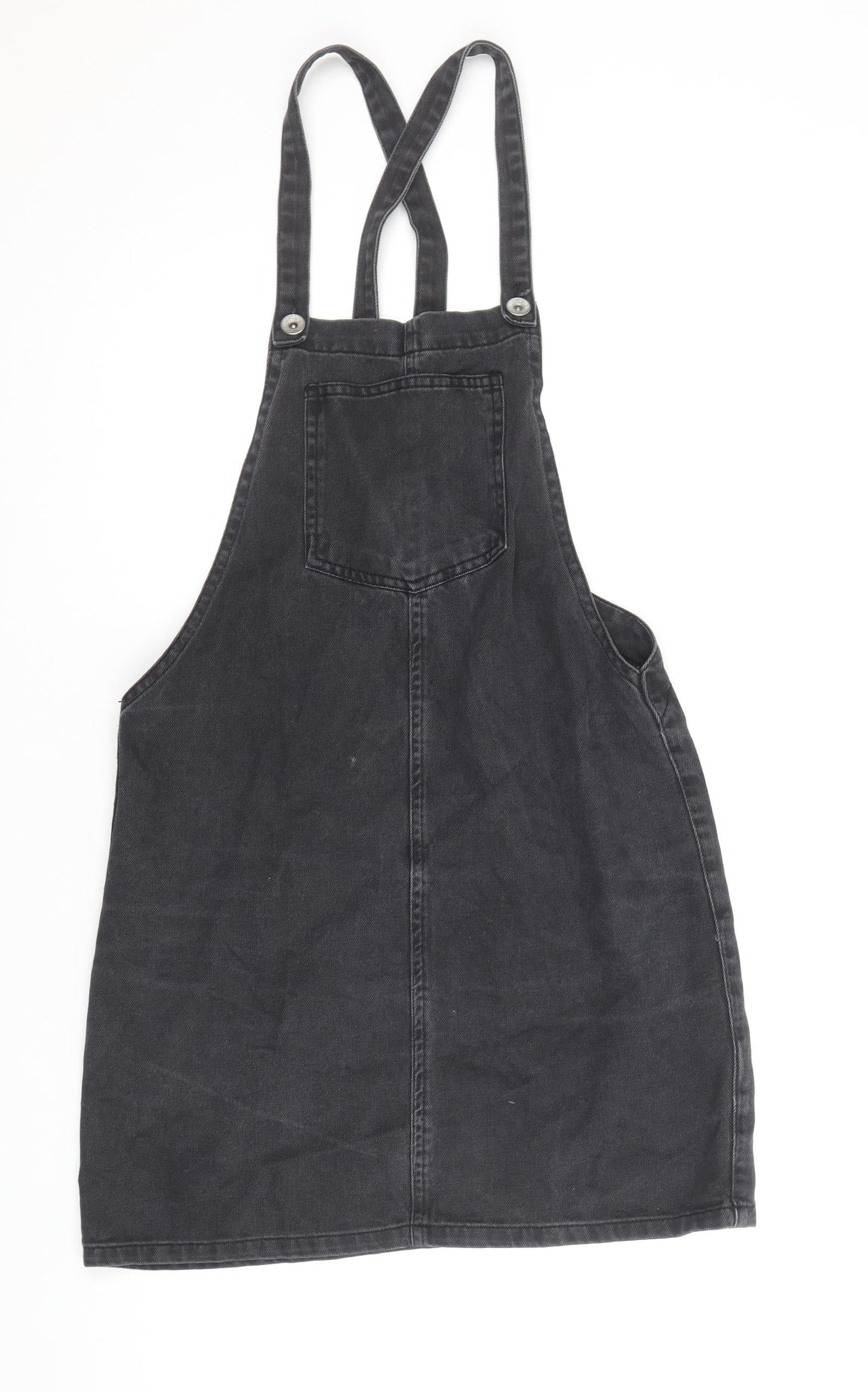 New Look Womens Black 100% Cotton Pinafore/Dungaree Dress Size 6 Square Neck Button