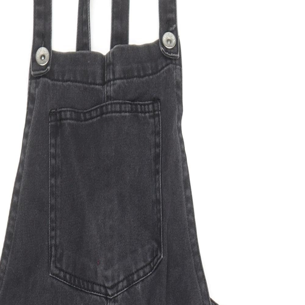 New Look Womens Black 100% Cotton Pinafore/Dungaree Dress Size 6 Square Neck Button