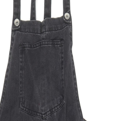 New Look Womens Black 100% Cotton Pinafore/Dungaree Dress Size 6 Square Neck Button