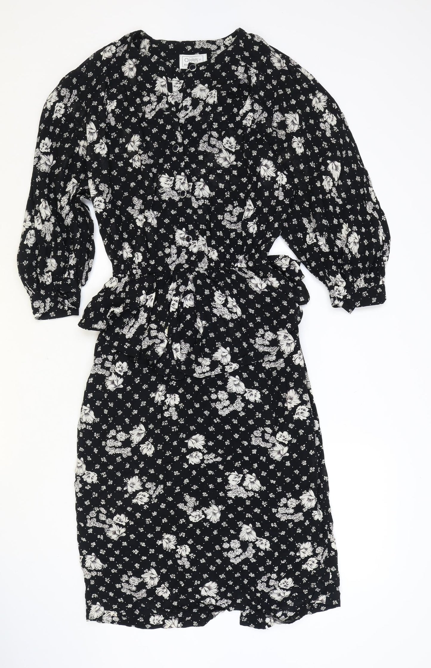Options at Austiun Reed Womens Black Floral Viscose Pencil Dress Size 12 Round Neck Button - Peplum